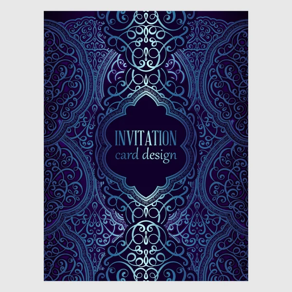 Wedding invitation card with blue shiny eastern and baroque rich foliage. Ornate islamic background for your design. Islam, Arabic, Indian, Dubai. — Stock Vector