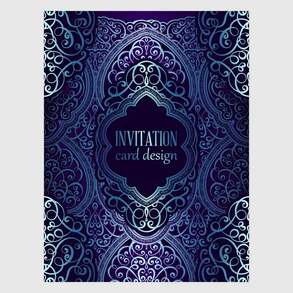 Wedding invitation card with blue shiny eastern and baroque rich foliage. Ornate islamic background for your design. Islam, Arabic, Indian, Dubai. — Stock Vector