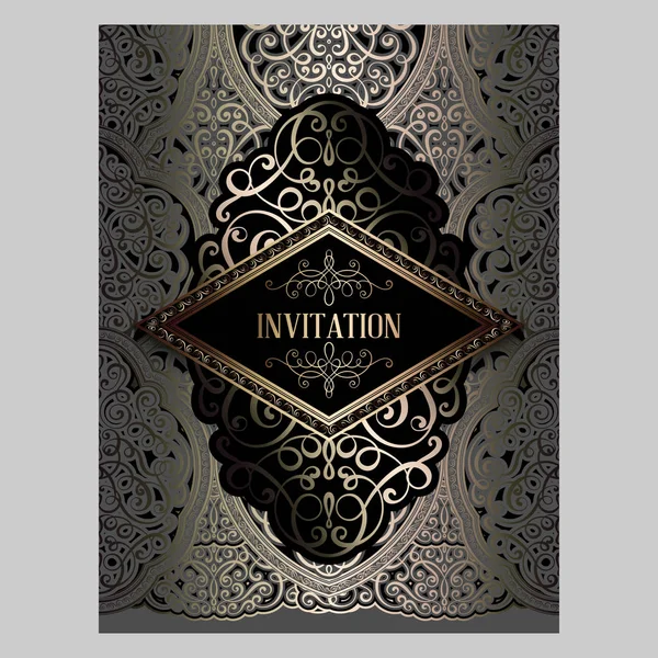 Bruiloft uitnodigingskaart met grijs en goud goud glanzend Oosterse en barokke rijke loof. Sierlijke islamitische achtergrond voor uw ontwerp. Islam, Arabisch, Indisch, Dubai. — Stockvector