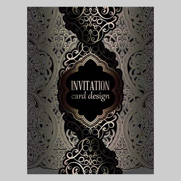 Wedding invitation card with gray and gold gold shiny eastern and baroque rich foliage. Ornate islamic background for your design. Islam, Arabic, Indian, Dubai. — Stock Vector