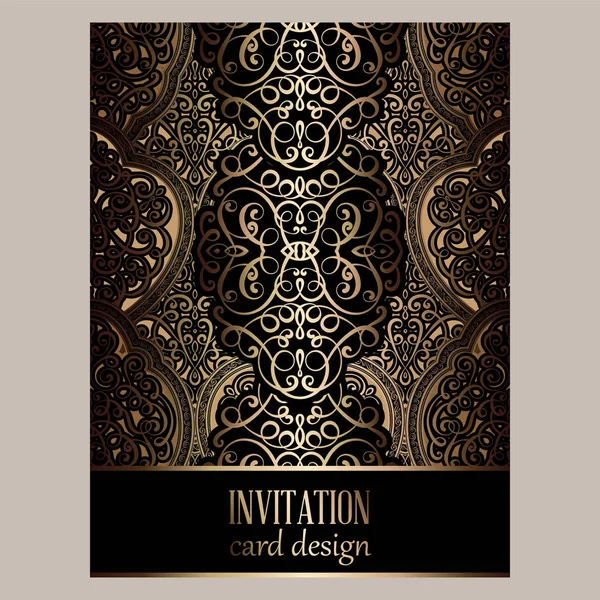 Wedding invitation card with black and gold shiny eastern and baroque rich foliage. Ornate islamic background for your design. Islam, Arabic, Indian, Dubai. — Stock Vector