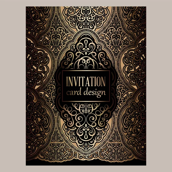 黒とゴールド光沢のある東部とバロック豊富な葉と結婚式招待状。あなたのデザインの華やかなイスラムの背景。イスラム教、アラビア語、インド、ドバイ. — ストックベクタ