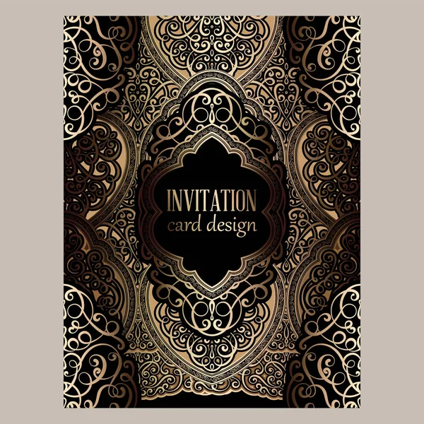 Wedding invitation card with black and gold shiny eastern and baroque rich foliage. Ornate islamic background for your design. Islam, Arabic, Indian, Dubai. — Stock Vector