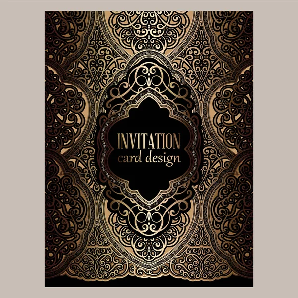 Wedding invitation card with black and gold shiny eastern and baroque rich foliage. Ornate islamic background for your design. Islam, Arabic, Indian, Dubai. — Stock Vector