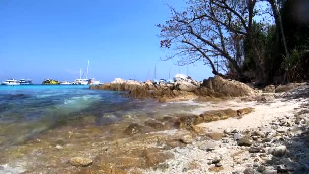 Racha Island Gorgeous Coastline Emerald Mountains Ending Rocky Beach Cerulean — Stock Video