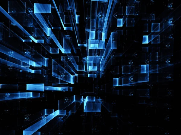 Dark blue technology background. Abstract computer-generated image. Digital art: luminous rectangles with perspective and light effects. Hi tech or virtual reality concept.