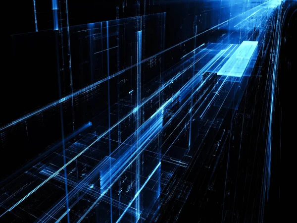 Koyu mavi fraktal arka plan - bilgisayar tarafından oluşturulan 3d illüstrasyon soyut. Dijital Sanat: futuristik pist veya koridor. Sci-Fi veya bilgi teknolojisi kavramı zemin.