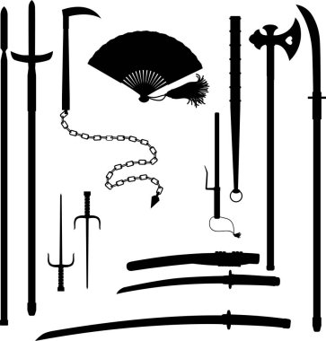 Tarihsel bıçak katana ve Vakizaşi, Spears'ın jumonji yari Japon Ortaçağ samuray silah veya magari yari anahat üzerinde izole beyaz arka plan.