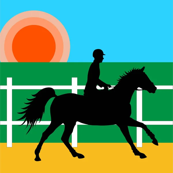 昇る太陽の下で乗馬ホールでライダー乗馬 — ストックベクタ