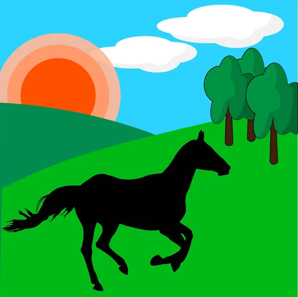 Pferd auf der grünen Wiese in den sanften Hügeln unter der Sonne — Stockvektor