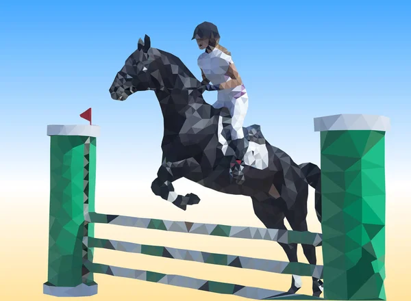 Jinete salta sobre un caballo por encima de obstáculo - vector de baja polivinílico — Vector de stock