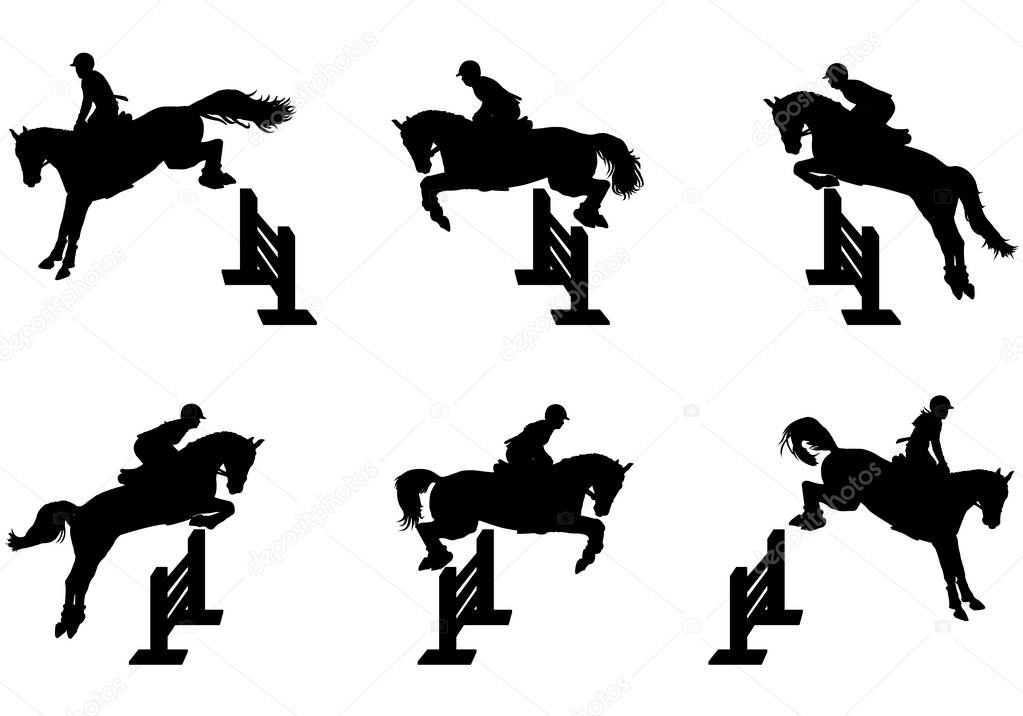 Set of silhouettes of riders jumping horse over an obstacle in competition or training