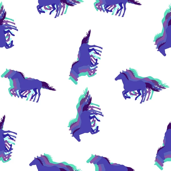 Horses non realistic colors in cold palette run at a trot and gallop o white background. Seamless vector pattern of running horses. Silhouettes of animals arranged randomly. For wrapping paper, prints