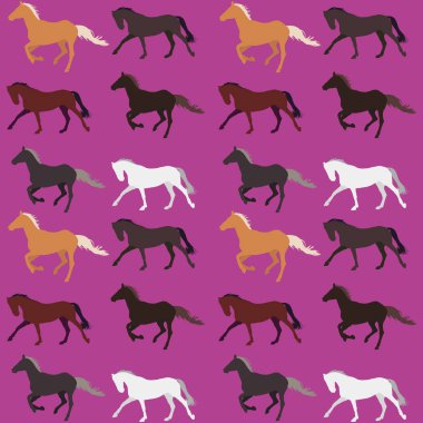 Mor bir arka plan üzerinde sorunsuz at desen. atları farklı renkler: koyu, siyah ve gri dörtnala ve tırıs çalıştırın. Binicilik tema. Web tasarım parmak izi kumaş, kağıt, ambalaj için.