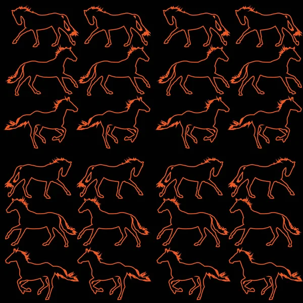 Красные Контуры Лошадей Черном Фоне Бесшовный Векторный Узор Светящиеся Силуэты — стоковый вектор