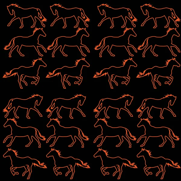 Rode Contouren Van Paarden Een Zwarte Achtergrond Naadloos Vector Patroon — Stockvector