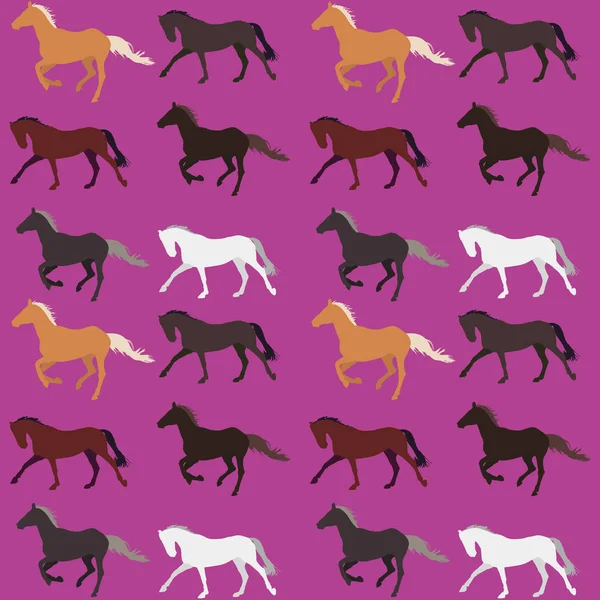紫色の背景にシームレスな馬パターン 別の色の馬 黒と灰色実行ギャロップとトロット 乗馬をテーマ 包装紙 ファブリック上の印刷のための Web デザイン — ストックベクタ
