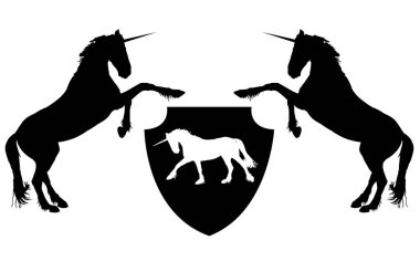 İki siyah yetiştirilen tek boynuzlu atlar ve beyaz tek boynuzlu at, kompozisyon üzerinde kalkan boyalı. Siluetleri, efsanevi veya fantastik hayvanlar. Fantezi veya hanedan Tema