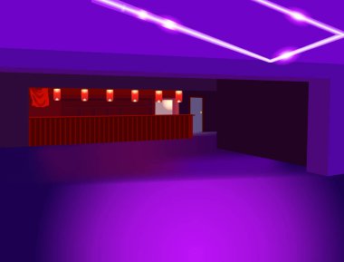 Mor vektör arka plan bakış açısı ile. Soyut kulüp iç döşeme, tavan, kırmızı çubuk ve lambalar üstünde o ile. Neon ışıkları el ilanları, afişler, kartlar ile modaya uygun arka plan.