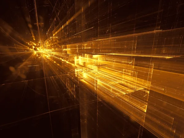 Golden technology or science fiction background. Abstract computer-generated image. Fractal geometry: glowing blocks and burst with rays. For web design, desktop wallpaper, covers.