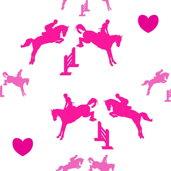 Equestrian Seamless Pattern Plastic Pink Color Riders Horseback Jumping Simple — Stock Vector