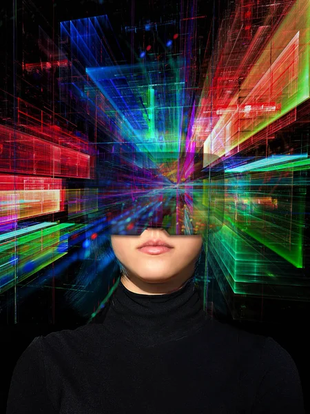 Young girl in virtual reality world - futuristic collage