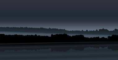 Vektör yatay - gece orman ve nehir haze ile. Basit örnek - karanlık siluetleri ağaçlar ve tepeler. Zemin için afiş, kapsar.