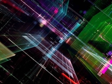 Soyut teknik ya da bilim-kurgu arka plan - bilgisayar tarafından oluşturulan görüntü. Fractal sanat: diyagonal eğimli cam duvarları ile parlak çizgiler ve noktalar. Zemin veya grafik tasarım öğesi.