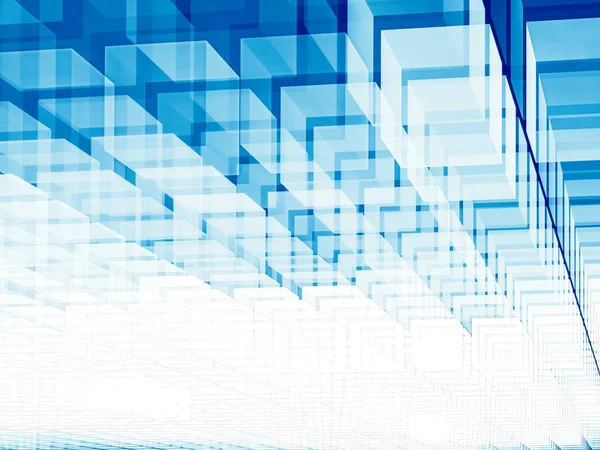 Beyaz ve mavi küpleri perspektif arka plan - bilgisayar tarafından oluşturulan Soyut 3d çizim uçan. Gelecek teknolojisi veya bilim kurgu zemin. Posterler, web tasarım, afiş için.