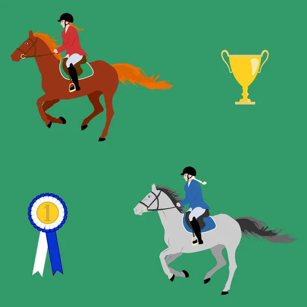 Reiter Uniform Auf Einem Galoppierenden Pferd Trophäe Und Preisrosette Vektorillustration — Stockvektor