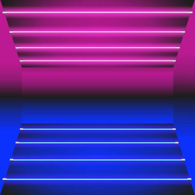 Mor perspektif arka plan, herhangi bir amaç için büyük tasarım. Vektör çizim 3d tarzı - parlak duvarlar ve neon parlayan çizgili boş oda.
