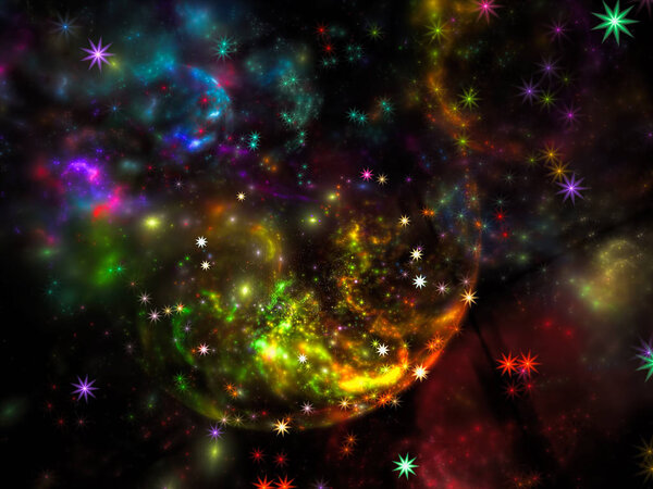 Abstract fractal sky or nebula - computer-generated blurred colorful image. Digital art: chaos spots, curves and stars. Science fiction or esoteric theme background.