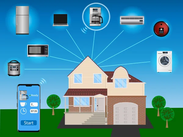 Koncept inteligentního domu - ovládání domácích spotřebičů z mobilního telefonu — Stockový vektor