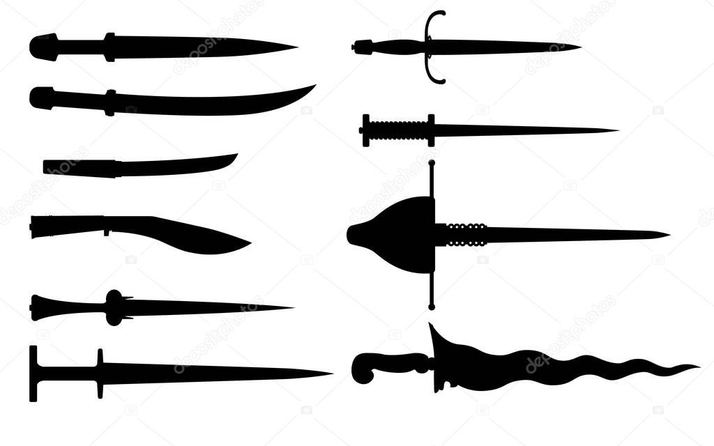 Daggers - a set of silhouettes cold weapons of different eras