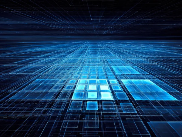 Mavi perspektif ızgara - soyut dijital oluşturulan 3d illüstrasyon