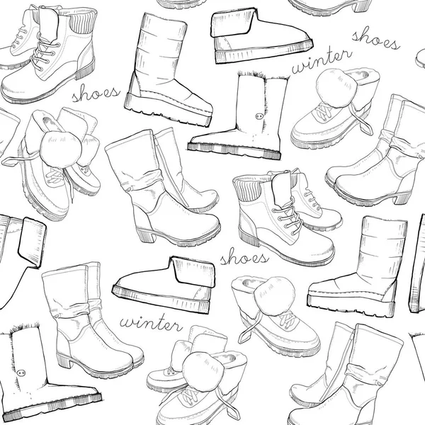 Kézzel rajzolt vázlat varrat nélküli mintát cipő. Futó cipő, cipők, csizma, papucs, csizma, mokaszin, betűkkel léhűtő. Díszítőelemet. Kifestőkönyv, csomagolópapír — Stock Vector