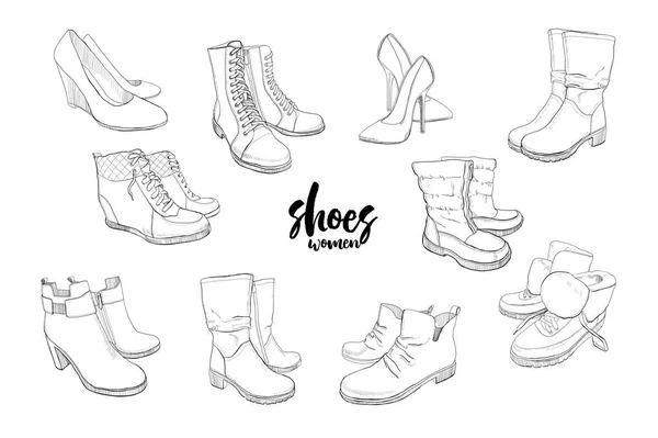 Иллюстрация набора рукописной графики Мужская и женская обувь, обувь. Случайный и спортивный стиль, резиновые туфли. Мокасины, кроссовки, ботинки, насосы. Doodle, drawing Дизайн изолированный объект . — стоковый вектор