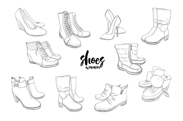 Illustration of Set hand drawn graphic Men and women Footwear, shoes. Casual and sport style, gumshoes. Moccasins, sneakers, boots, pumps. Doodle, drawing Design isolated object. — Stock Vector