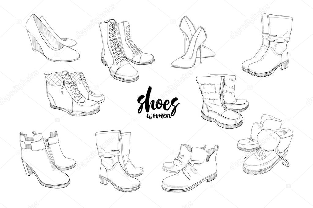 illustration of Set hand drawn graphic Men and women Footwear, shoes. Casual and sport style, gumshoes. Moccasins, sneakers, boots, pumps. Doodle, drawing Design isolated object.