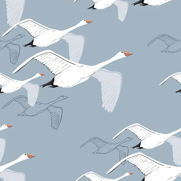 Ilustración de Patrón sin costura de dibujo Cisnes voladores. Dibujado a mano, garabato diseño gráfico con pájaros. Papel de envolver, papel pintado, telón de fondo . — Vector de stock