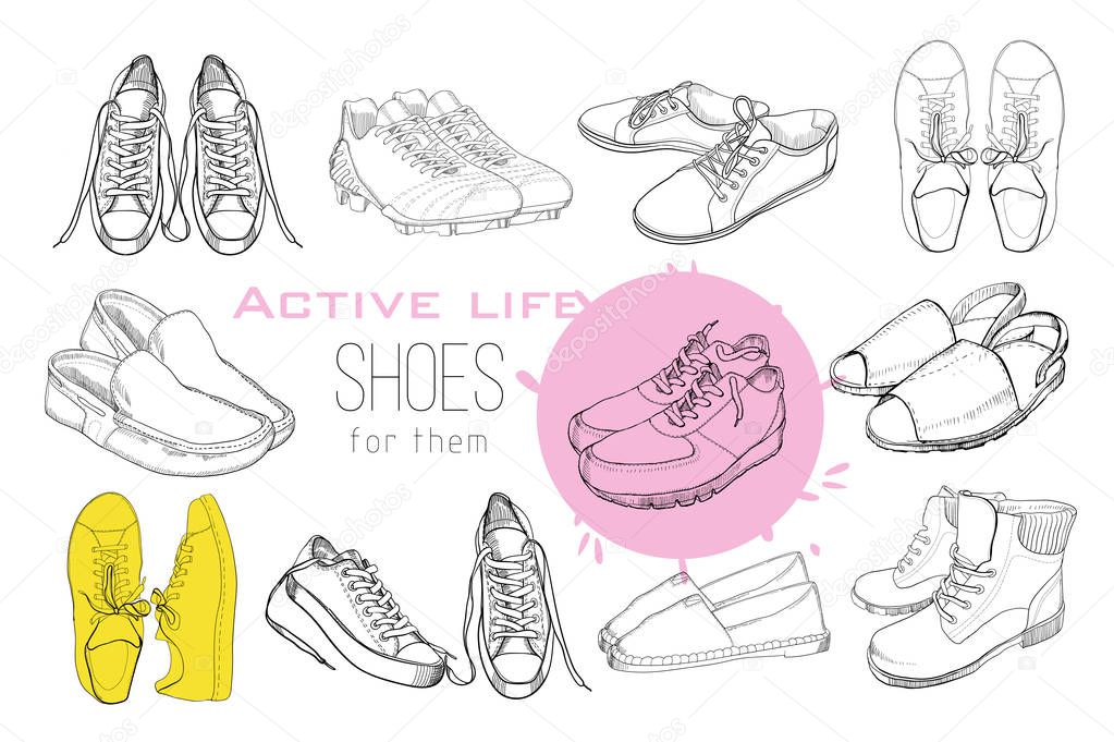 illustration of Set hand drawn graphic Men and women Footwear, shoes. Sport style, gumshoes, moccasins, sneakers, boots, pumps. Doodle, drawing Design isolated object. Active life.