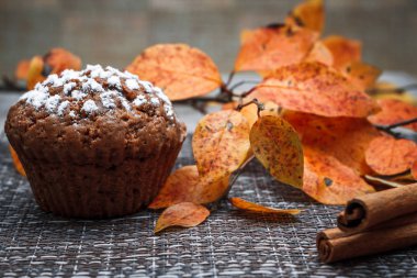 Sonbahar yaprakları ve elmaların arka planında lezzetli elma dolgulu çikolatalı kekler ve krema şekeri.