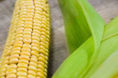 Tahta arka planda taze sarı mısır.