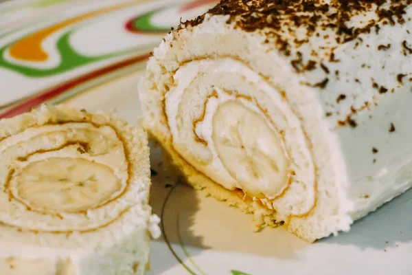 Biscuit Roll Banana Middle Chocolate Chips Cream Cheese — Stock Photo, Image