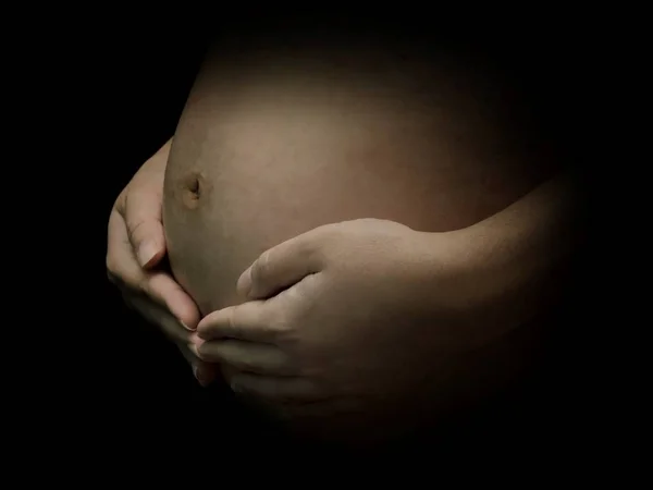 Pregnant Woman Cute Little Baby Warm Hand Hold Showing Mothers — Stock Photo, Image