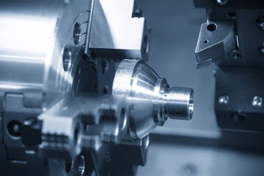 Cnc Torna veya ışık mavi sahnesinde koni şeklini kısmında iplik kesme dönüm makine. Merhaba-teknoloji üretim süreci.