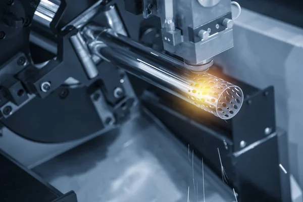 Cnc Laser Snijmachine Snijden Het Gat Buis Rvs Pijp Het — Stockfoto