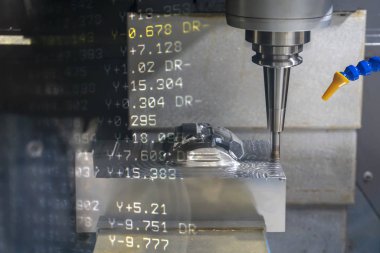Cnc makine ve kalıp parçası kesme G-code veri freze soyut sahne. Hi-teknoloji üretim süreci.
