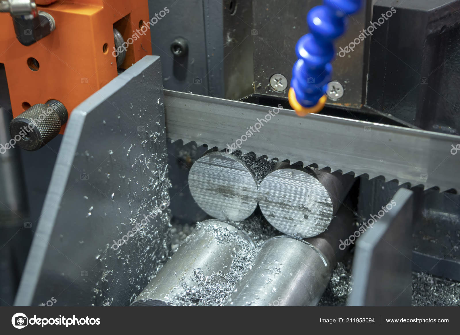 Band Saw Machine Cutting Raw Metals Rods Coolant Fluid Industrial Stock
