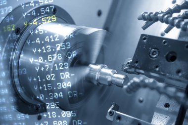 Cnc torna makinesi veya dönüm makine ve iş parçacığı çelik şaft kesme Nc veri soyut sahne. Cnc Torna makine üzerindeki iş parçacığı işlem .